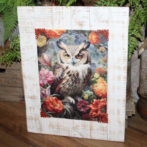 NEW Large Colorful Eclectic BOHO Farmhouse Owl & Floral Wall Decor Picture Art
